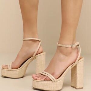 Lulu’s Brocktan Natural Raffia Platform Ankle Strap High Heels Sandals size 7